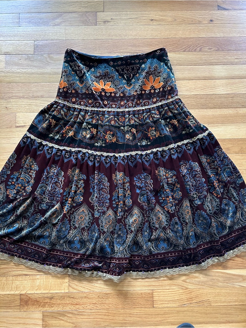 Vintage Boho Velvet Tiered Mini Skirt Size 6 Paisley Floral Cottagecore Festival